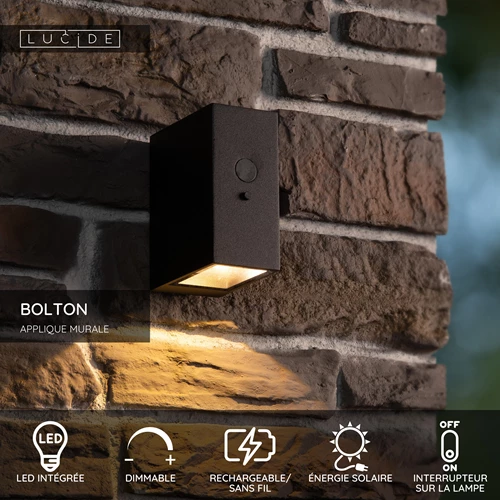 Lucide BOLTON - Applique murale- Énergie Solaire - LED Dim. - 1x1W 3000K - IP54- Détecteur De Mouvement & Jour/Nuit - Noir - USP